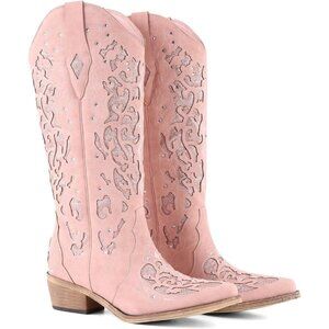 Women Pink Embroidery Sparkly Rhinestone Chunky Heel Mid Calf Wedding Boots